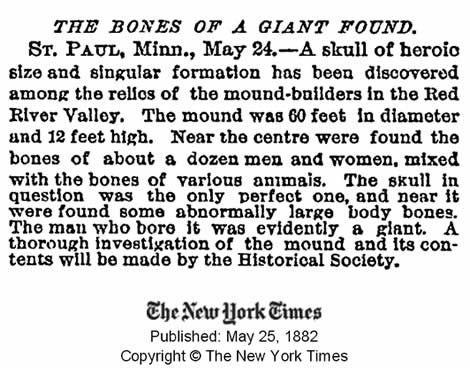 Publicación del New York Times del 25 de mayo de 1882 informando de huesos gigantes encontrados. Crédito: New York Times.