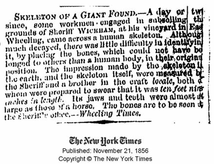 Publicación del New York Times del 21 de noviembre de 1856 informando de esqueleto gigante encontrado. Crédito: New York Times.