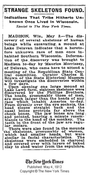 Publicación del New York Times del 4 de mayo de 1912 informando de extraños esqueletos encontrados. Crédito: New York Times.