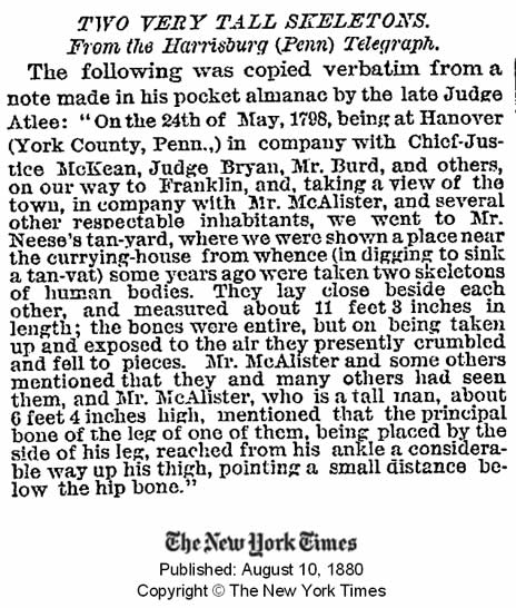 Publicación del New York Times del 10 de agosto de 1880 informando de esqueletos gigantes encontrados. Crédito: New York Times.