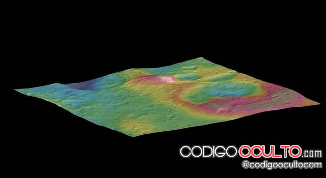 Imagen tomada por la nave espacial Dawn de NASA, muestra una alta montaña cónica en Ceres.