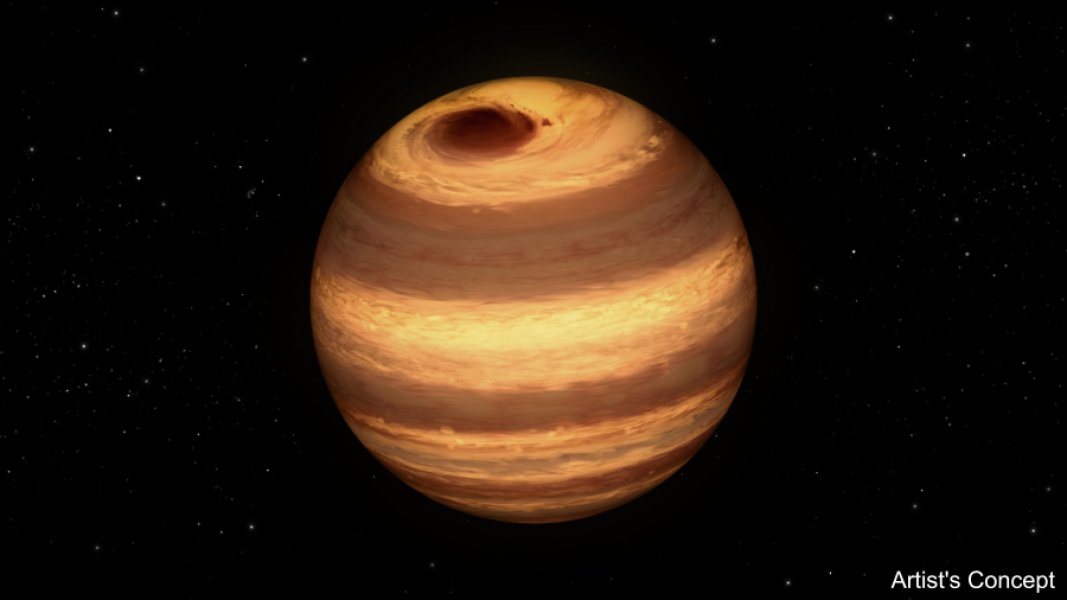 Esta ilustración muestra una estrella fría, llamada W1906 + 40, marcada por una fuerte tormenta cerca de uno de sus polos. La tormenta se cree que es similar a la Gran Mancha Roja de Júpiter. Los científicos descubrieron esto mediante el uso de los telescopios espaciales Spitzer y Kepler de la NASA.