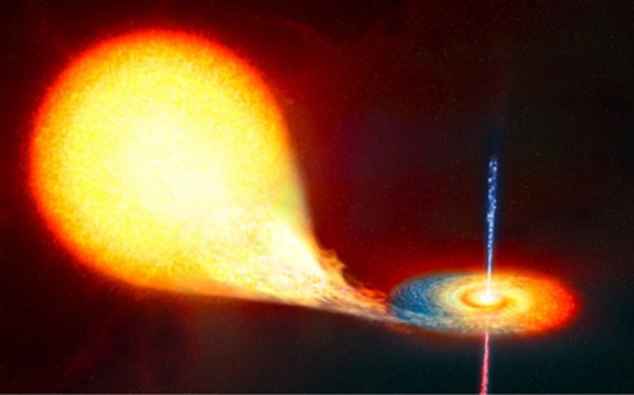 Una representación del agujero negro V404 Cygni arrastrando materia y gas de su estrella compañera.