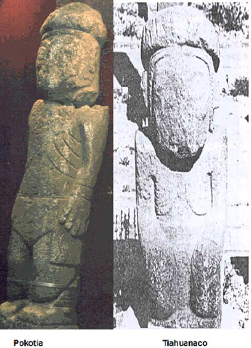 Izquierda: estatua de Pokotia. Derecha: estatua de Tiahuanaco
