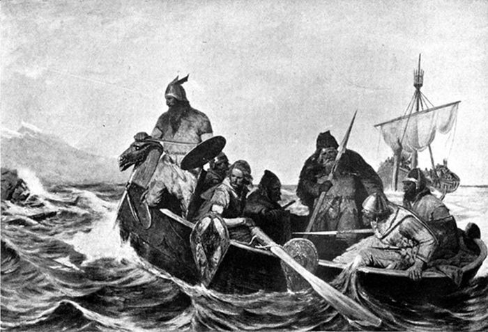 Un grupo de vikingos se dirige a tierra en un bote de remos. Ilustración de Oscar Wergeland. 