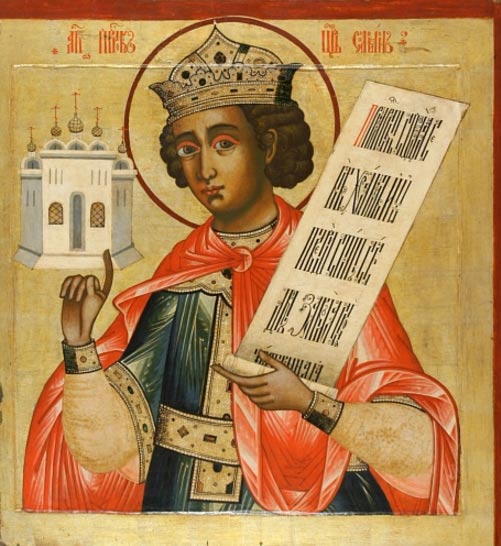 Icono ruso del rey Salomón. Se le representa con un pequeño Templo sobre su mano derecha (siglo XVIII, iconostasio del monasterio de Kizhi, Rusia).