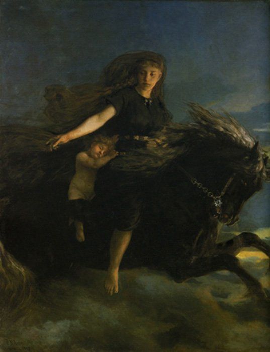 Nótt cabalga a Hrímfaxi en esta pintura del siglo XIX obra de Peter Nicolai Arbo.