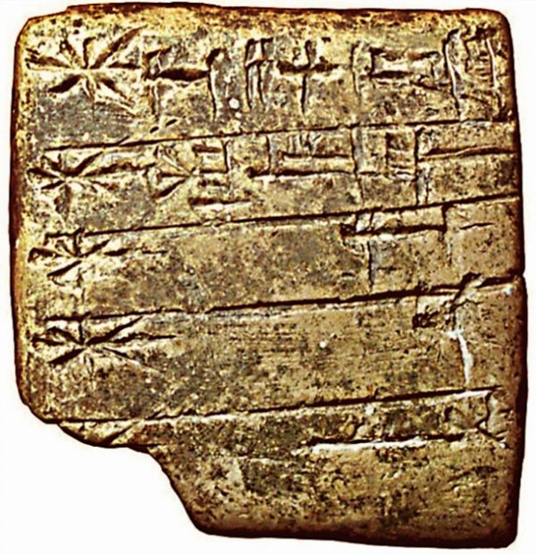 Lista de dioses sumerios en escritura cuneiforme. El nombre de Enlil aparece el primero (empezando por la esquina superior derecha), y aparece representado por el símbolo de un disco solar. (Siglo XXIV a. C.)
