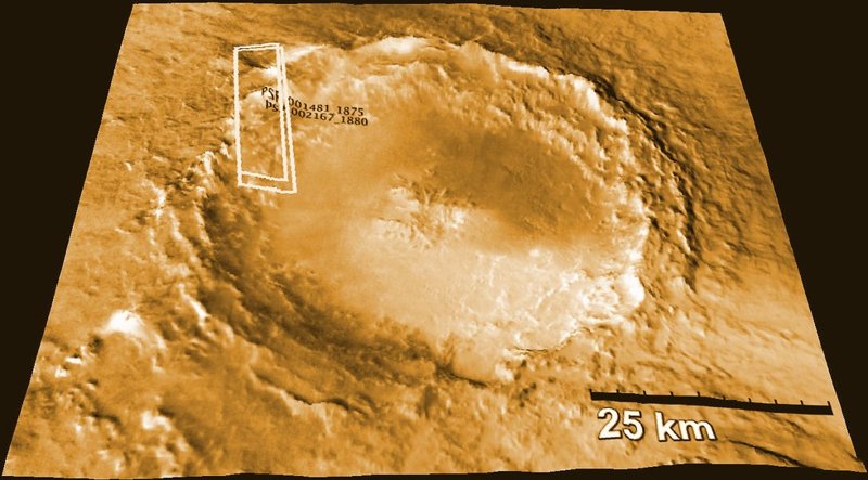 El cráter del Mojave en Marte, que se cree que es la fuente de algunos meteoritos marcianos que se encuentran en la Tierra, se muestra aquí en una representación producida por la cámara HIRISE en el Mars Reconnaissance Orbiter de la NASA. 