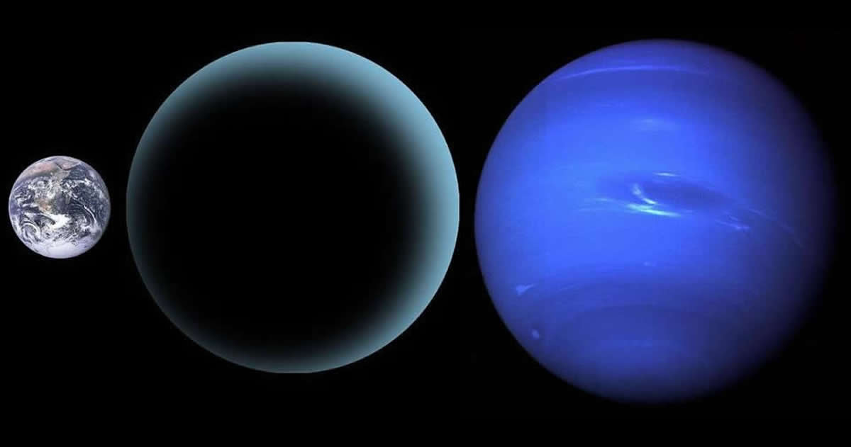 Una comparación de la Tierra con el Planeta Nueve (centro) y Neptuno (derecha).