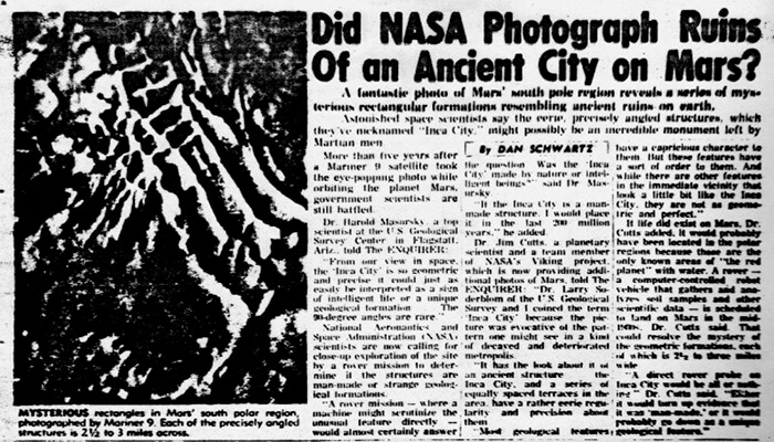 Un informe de la «National Enquirer» del 25 de octubre de 1977 acerca de una «ciudad antigua en Marte», que los científicos llaman «Ciudad Inca»