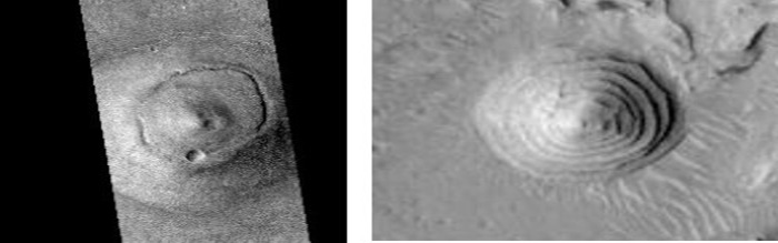 «Tolus», al este de la cara de Cydonia, fotografiada por la SGR y otro «montículo circular» en una imagen de 2001 Mars Odyssey.