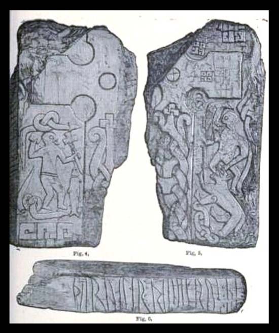 Los grabados de la Cruz de Thorwald según Kirk Andreas, isla de Man. La escena ha sido interpretada como la figura de Odín con un cuervo o águila sobre su hombro, mientras el dios es devorado por el lobo Fenrir en la batalla final de Ragnarök.
