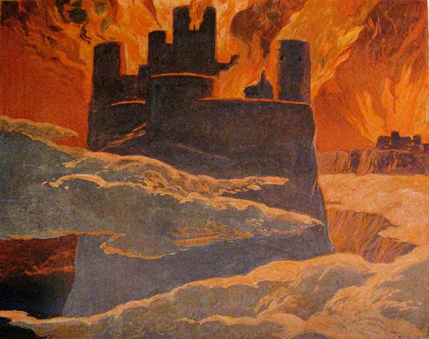 Escena de la última fase de Ragnarök, después de que Surtur haya sumido el mundo en fuego. 