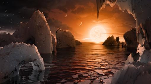 Posible aspecto de un exoplaneta de Trappist-1. Hasta que no se analice la atmósfera de uno de estos planetas, imágenes como esta son meras elucubraciones