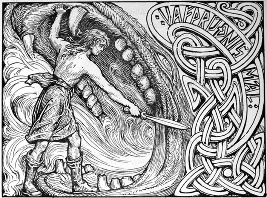 El dios Víðarr empuña su espada en las fauces del lobo Fenrir. 