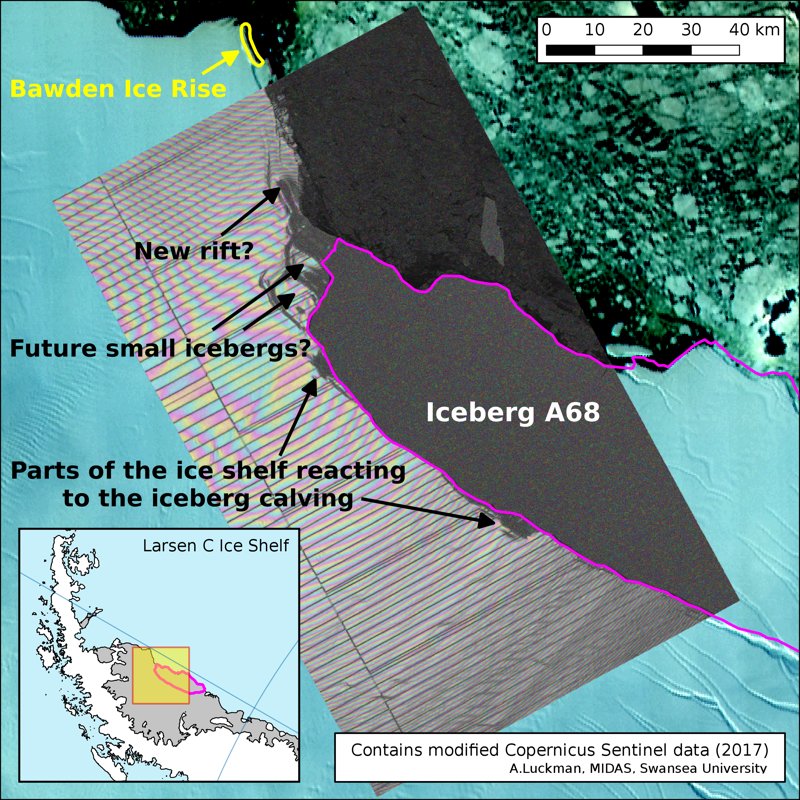 Mapa de Larsen C, superpuesto con la imagen térmica de la NASA MODIS, del 12 de julio, mostrando el iceberg desprendido