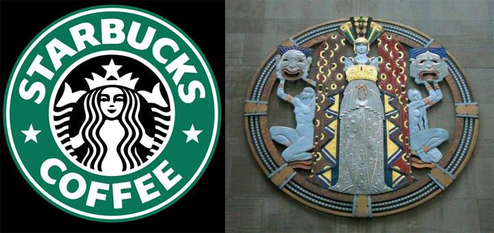 Izquierda: Logo de Starbucks (basado en el icono del Dios Mismo). Derecha: Motivo en el Centro Rockefeller, NYC.