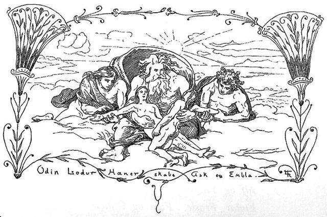 «Hœnir, Lóðurr y Odín crean a Ask y Embla» (1895) dibujo de Lorenz Frølich (1820-1908).