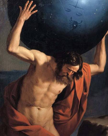 Uno de los gigantescos Titanes, Atlas, quien fue castigado a sostener los cielos sobre sus hombros por toda la eternidad