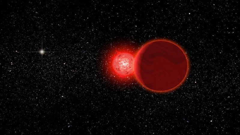 Un exoplaneta junto a su estrella, una estrella roja