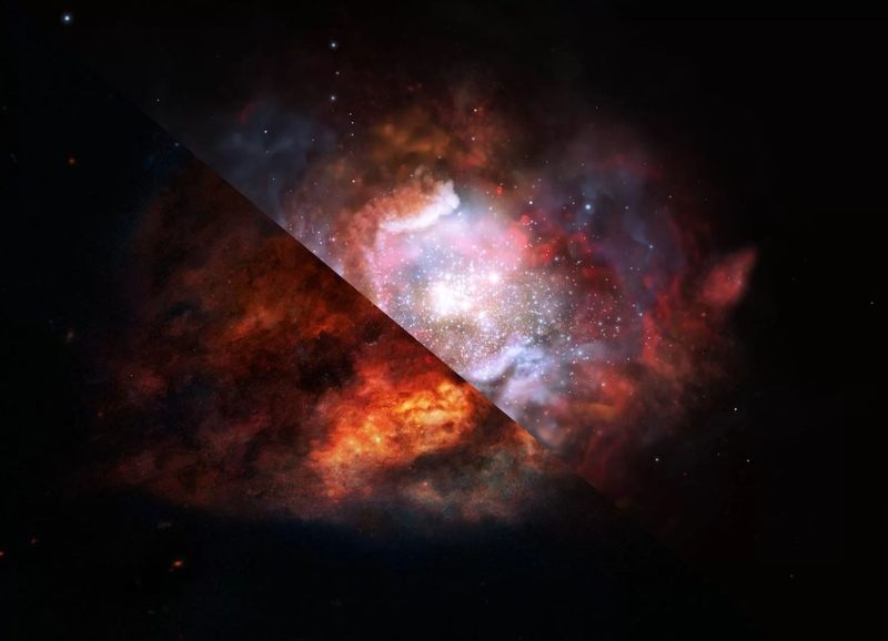 Nuevas observaciones del Atacama Large Millimeter / Submillimeter Array (ALMA) de Chile revelan que las galaxias Starburst, como la que se encuentra en esta representación artística, tienen muchas más estrellas masivas que otras galaxias.