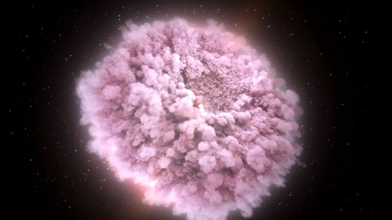 Representación artística de la brillante luz visible después de la fusión de dos estrellas de neutrones