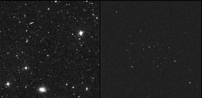 En la imagen puede verse la región del cielo donde se encontró Segue 1 (izquierda) y la galaxia misma (derecha)