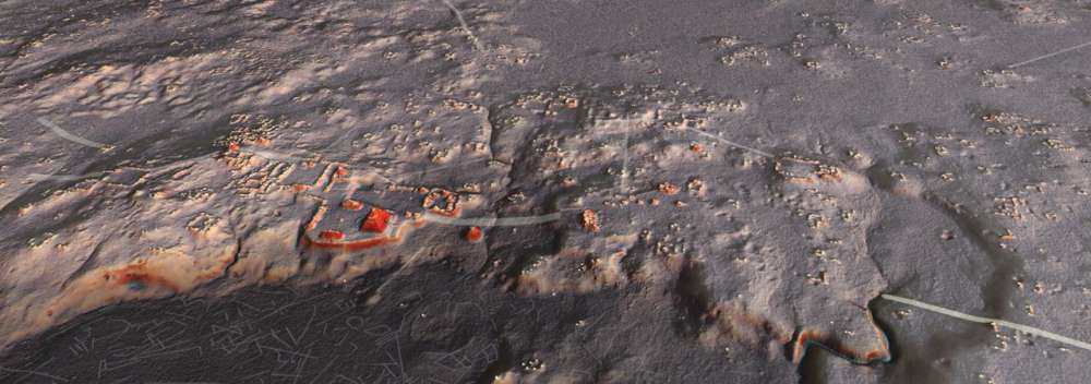 Representación del sitio arqueológico de Naachtun, Petén, en el crepúsculo. Cada estructura antigua está marcada por un punto amarillo