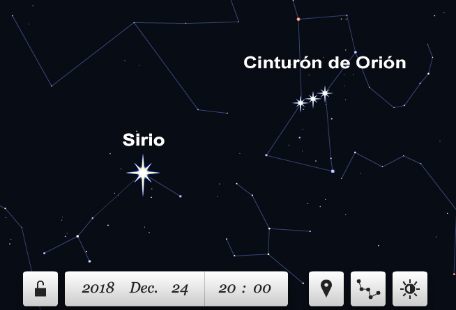 Imagen extraída del programa web Planetarium, donde se nota la alineación de Sirio y el Cinturón de Orión