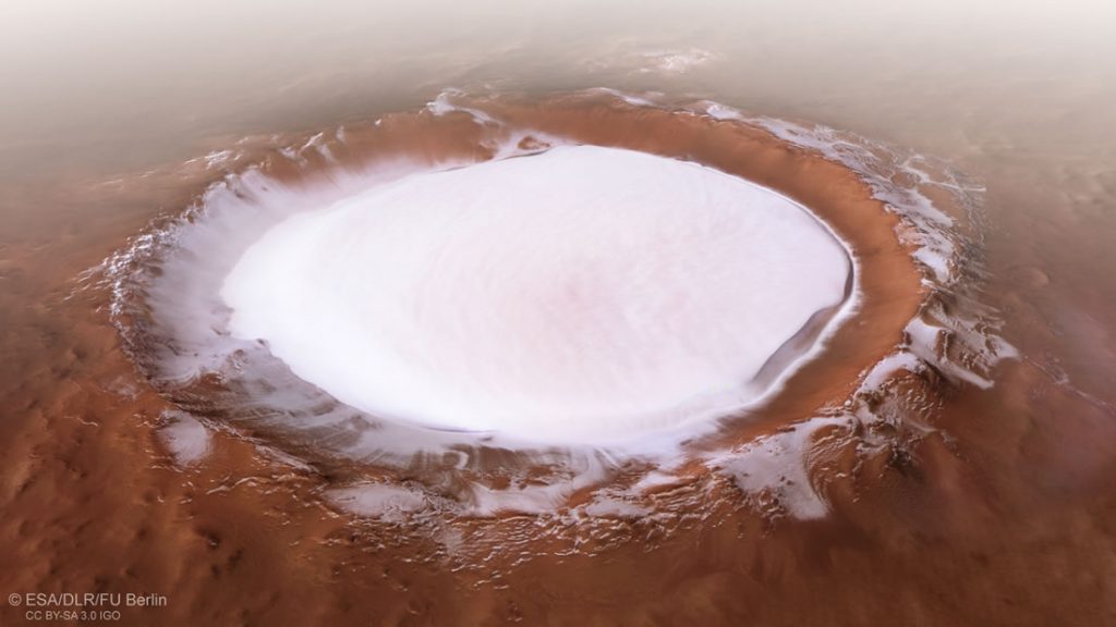 En la imagen puede verse el cráter Korolev, rebosante de hielo perpetuo, en Marte