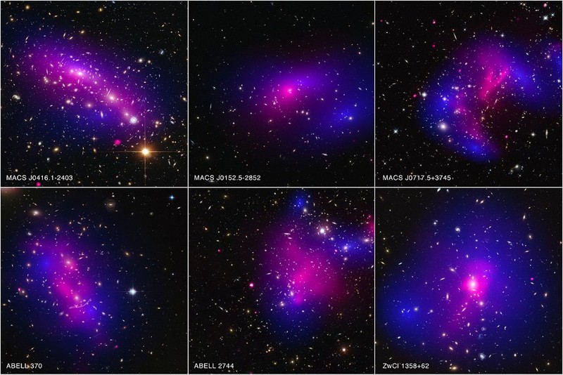 Distribución de Materia oscura (en azul) en varias agrupaciones de galaxias