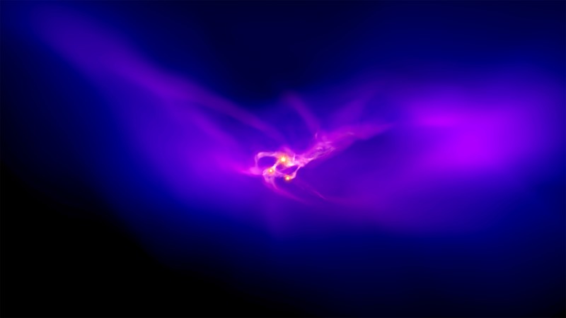 Los 30 años luz interiores de la simulación muestran la formación de tres estrellas supermasivas
