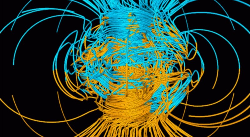 Representación artística del campo geodinámico y magnético de la Tierra durante una inversión de polos