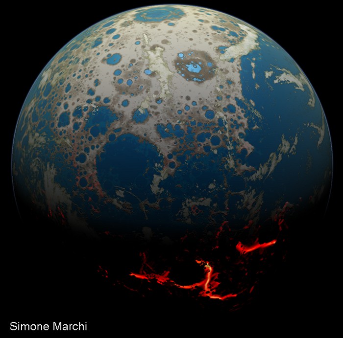 Una representación artística de la Tierra Hadeana cuando se formó el fragmento de roca. Los cráteres de impacto, algunos inundados por mares poco profundos, cubren grandes franjas de la superficie de la Tierra. La excavación de esos cráteres expulsó escombros rocosos, algunos de los cuales golpearon la Luna