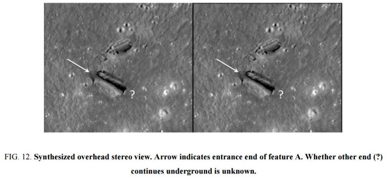 Imágenes de estructuras aparentemente artificiales descubiertas en el cráter Paracelsus. La flecha indica el final de la entrada del elemento A. Se desconoce si el otro extremo continua bajo el suelo