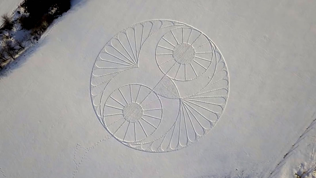 Círculo de nieve en forma de búho aparece en un campo nevado en Wiltshire