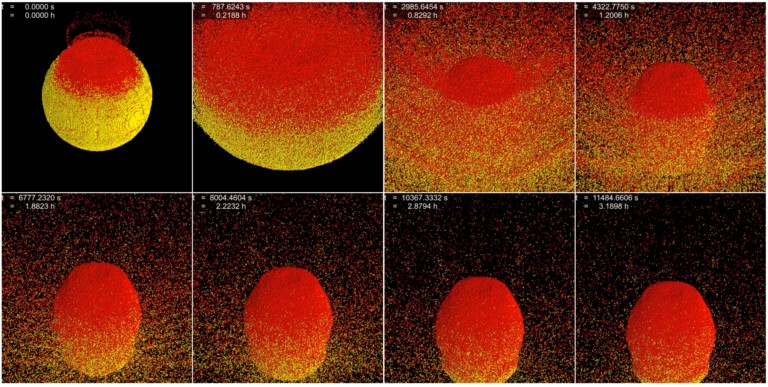 Esta imagen muestra cuadro por cuadro cómo la gravedad hace que los fragmentos de asteroides se vuelvan a acumular luego de unas horas de ocurrido el impacto