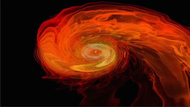Dos estrellas de neutrones se rasgan entre sí para formar un agujero negro en esta simulación de la NASA. Una nueva investigación sugiere que una colisión estelar como esta ocurrió muy cerca de nuestro sistema solar hace unos 4.6 mil millones de años, bañando nuestro vecindario cósmico con muchos de los elementos pesados ​​cruciales para la vida