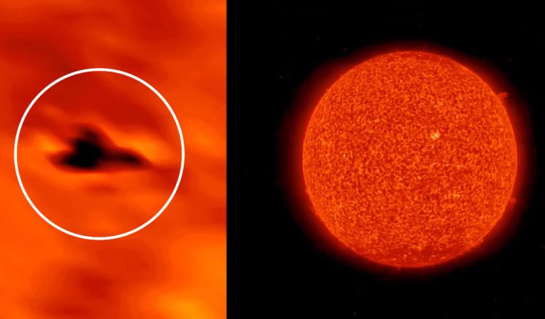 Anomalía con forma de nave vista sobre la superficie del Sol durante meses Anomalía con forma de nave vista sobre la superficie del Sol durante meses