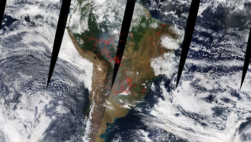 Incesantes incendios están devorando terrenos repletos de árboles y con mucha vida animal en la Amazonía. La imagen satelital muestra los lugares donde se están produciendo incendios y además deja ver como la deforestación ha convertido los lugares verdes en desiertos
