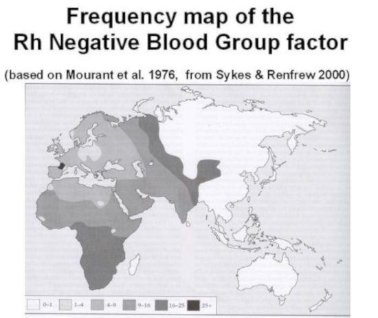 Mapa de los lugares con mayor incidencia del factor Rh negativo