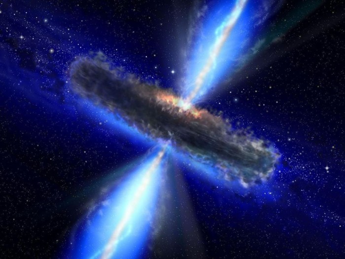 Una ilustración muestra chorros de materia lanzados desde un agujero negro supermasivo en el centro de una galaxia