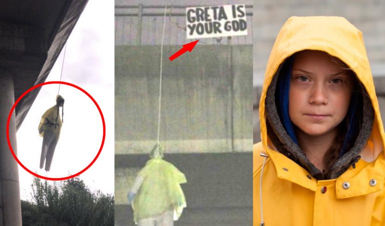 Cuelgan muñeco de Greta Thunberg de un puente en Roma con la frase: «Greta es su Dios» Cuelgan muñeco de Greta Thunberg de un puente en Roma con la frase: «Greta es su Dios»