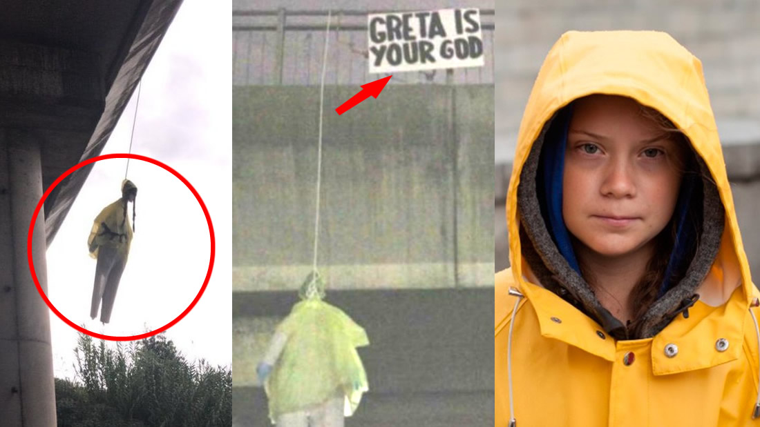 Cuelgan muñeco de Greta Thunberg de un puente en Roma con la frase: «Greta es su Dios»