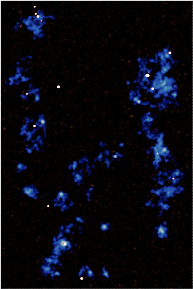 Contempla la red cósmica. Este mapa muestra filamentos de gas (azul) que se extienden desde la parte superior a la parte inferior de la imagen, uniendo galaxias en un antiguo cúmulo a 12 mil millones de años luz de distancia. Los puntos blancos incrustados dentro de estos filamentos son galaxias activas formadoras de estrellas, que son alimentadas por los filamentos