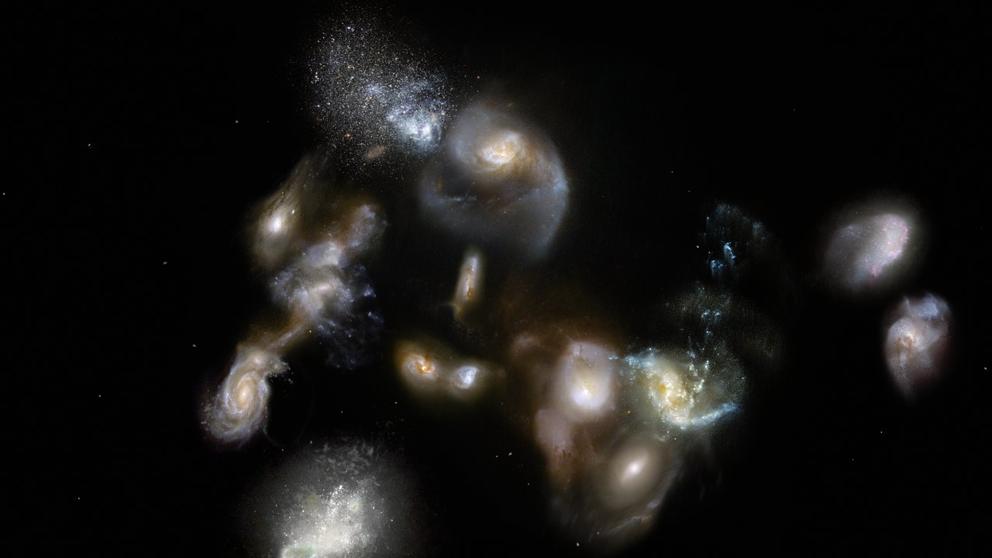Impresión artística de SPT2349-56 que muestra un grupo de galaxias interactuando y fusionándose cuando el Universo solo tenía 1400 millones de años. (European Southern Observatory (ESO))