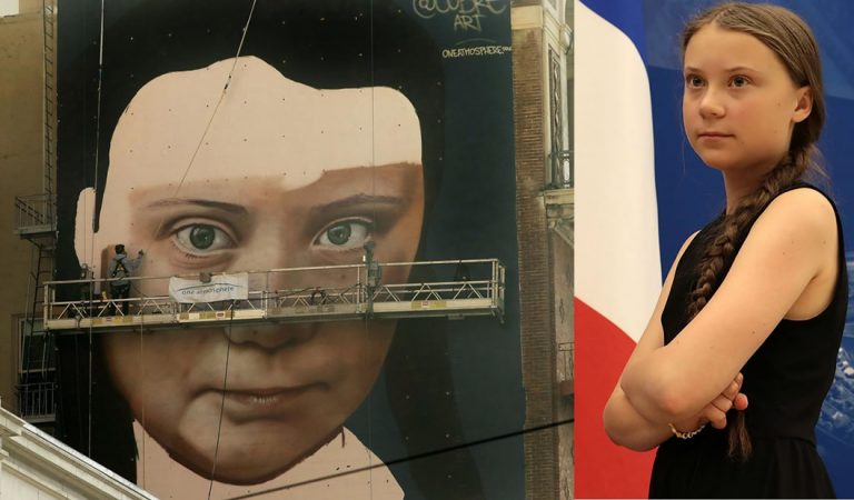 Pintan un mural gigante de Greta Thunberg en todo el centro de San Francisco, EE.UU. Pintan un mural gigante de Greta Thunberg en todo el centro de San Francisco, EE.UU.