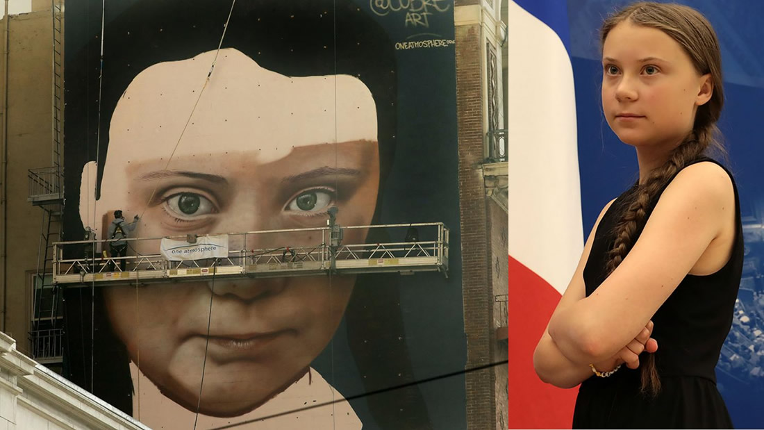 Pintan un mural gigante de Greta Thunberg en todo el centro de San Francisco, EE.UU.