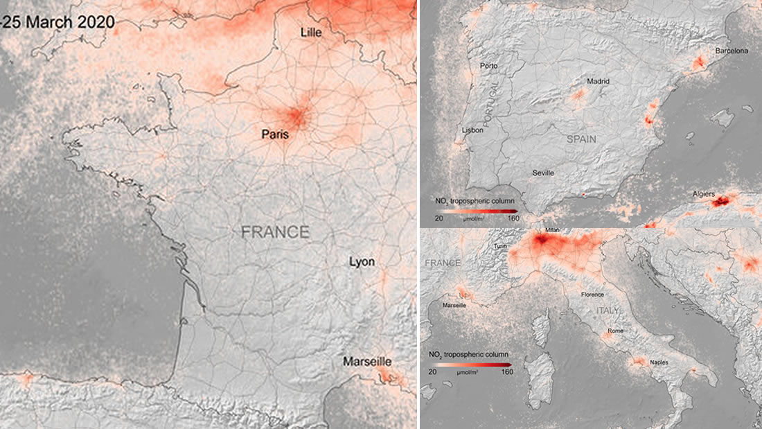 Contaminación disminuye drásticamente en Francia, Italia y España revelan imágenes satelitales